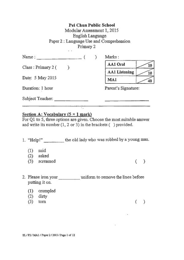 Pei Chun P2 Eng WA2 2015 exam paper PDF first page preview