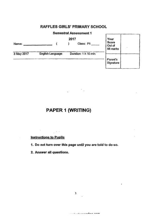 Raffles Girls P5 Eng WA2 2017 exam paper PDF first page preview