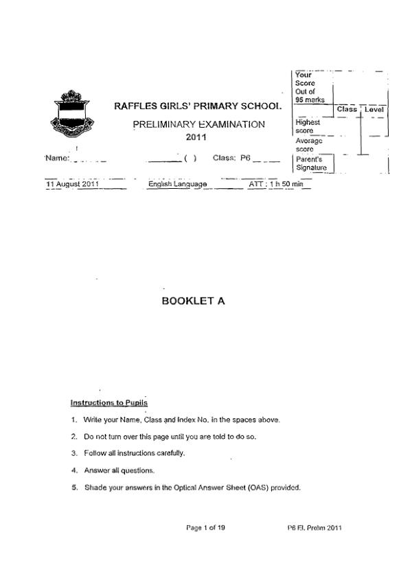 Raffles Girls P6 Eng SA2 2011 exam paper PDF preview