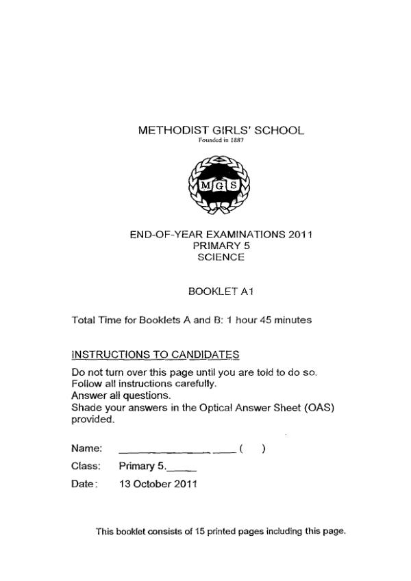Methodist Girls P5 Sci SA2 2011 exam paper PDF preview