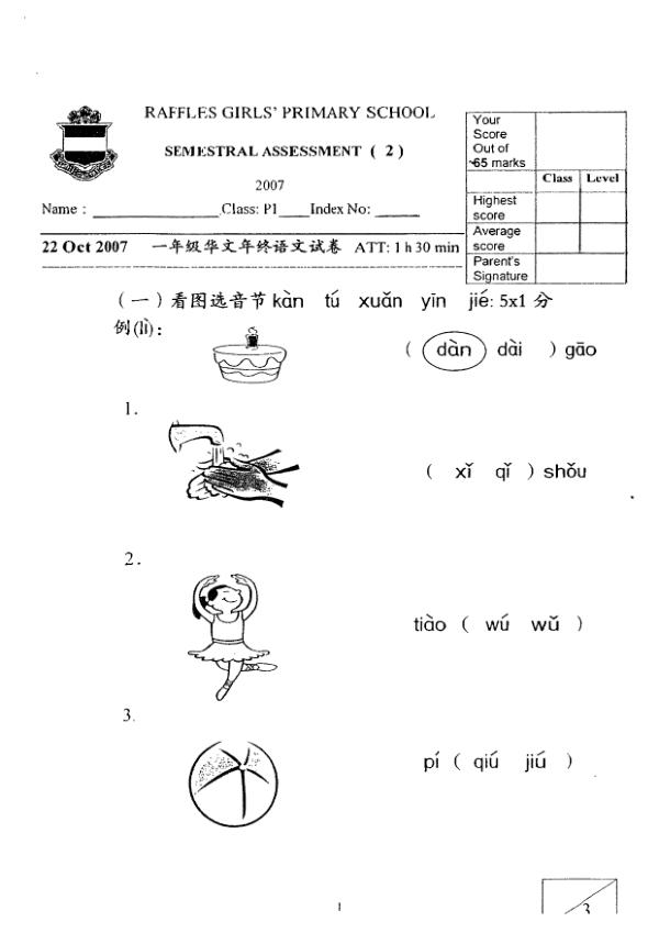 Raffles Girls P1 Chi SA2 2007 exam paper PDF preview