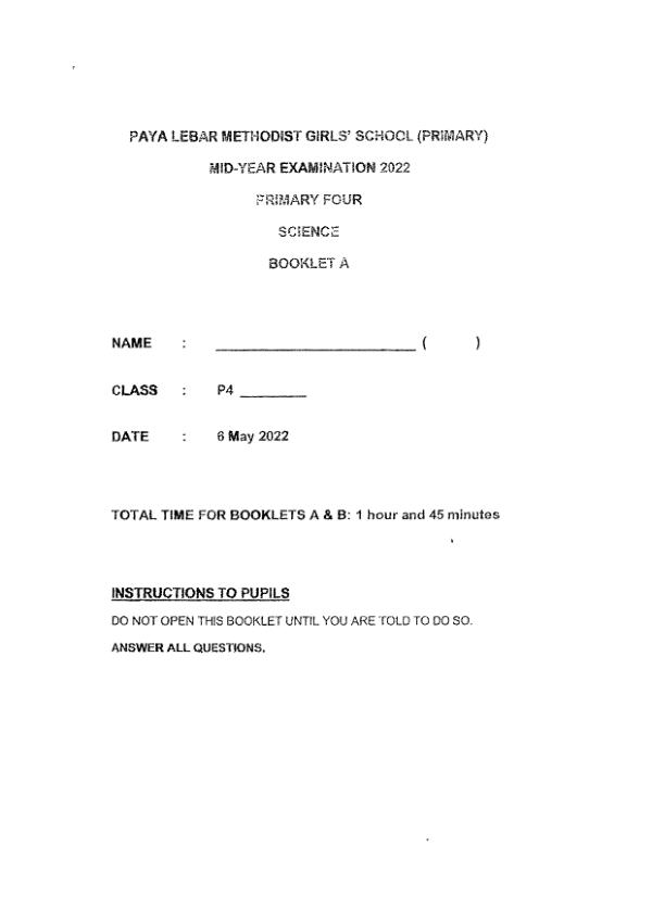 Methodist Girls P4 Sci WA2 2022 exam paper PDF first page preview