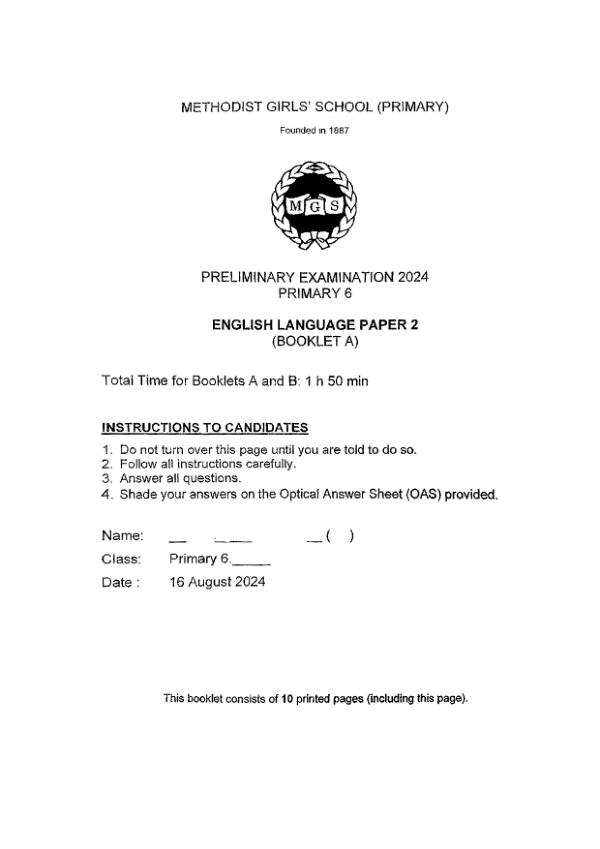 First page preview of P6 Eng 2024 SA2 — Methodist Girls