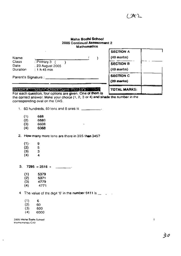 Maha Bodhi P3 Math WA3 2005 exam paper PDF first page preview