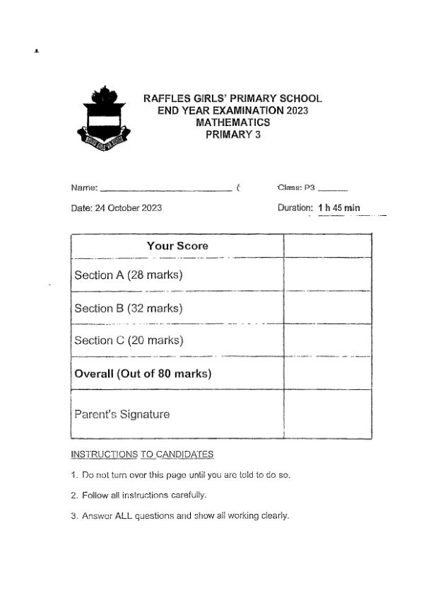 First page preview of P3 Math 2023 SA2 — Raffles Girls