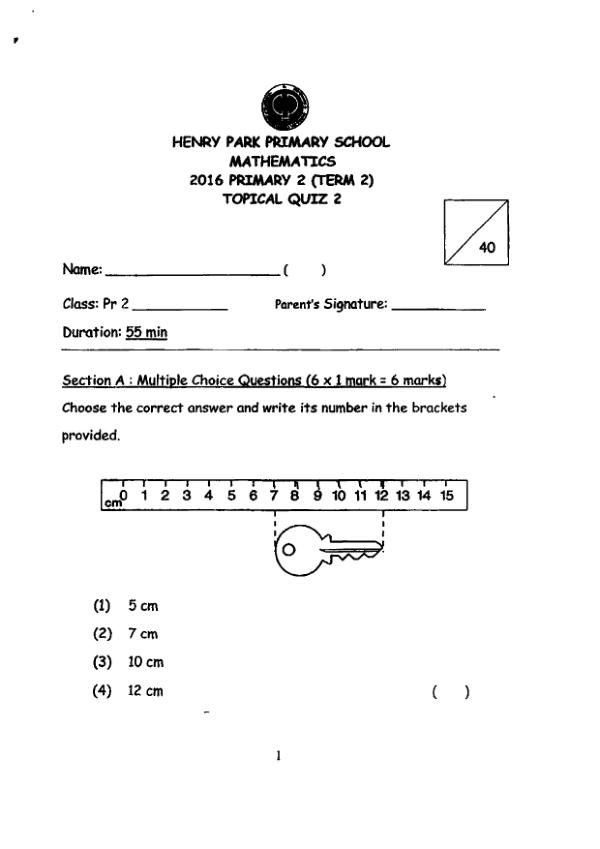 First page preview of P2 Math 2016 WA2 — Henry Park
