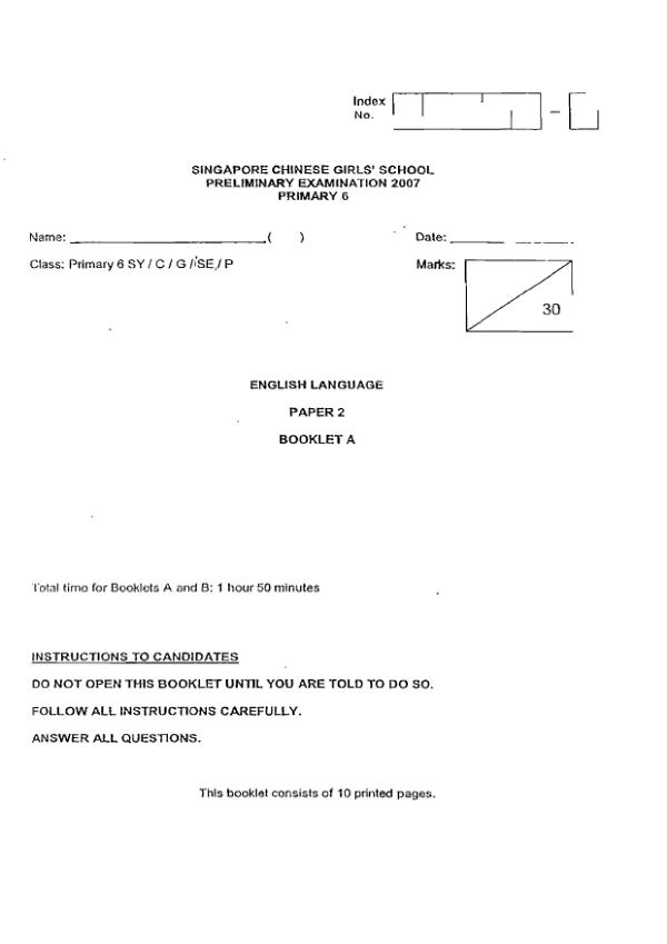 Singapore Chinese Girls P6 Eng SA2 2007 exam paper PDF preview