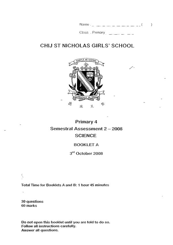 CHIJ P4 Sci SA2 2008 exam paper PDF preview