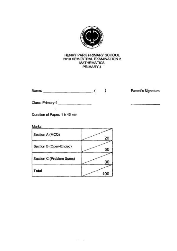 First page preview of P4 Math 2019 SA2 — Henry Park