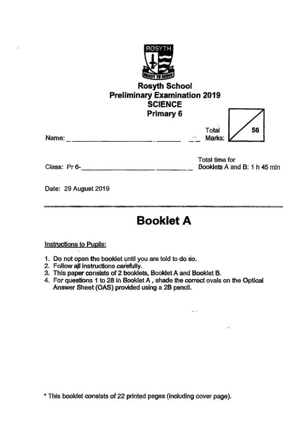 Rosyth P6 Sci SA2 2019 exam paper PDF preview
