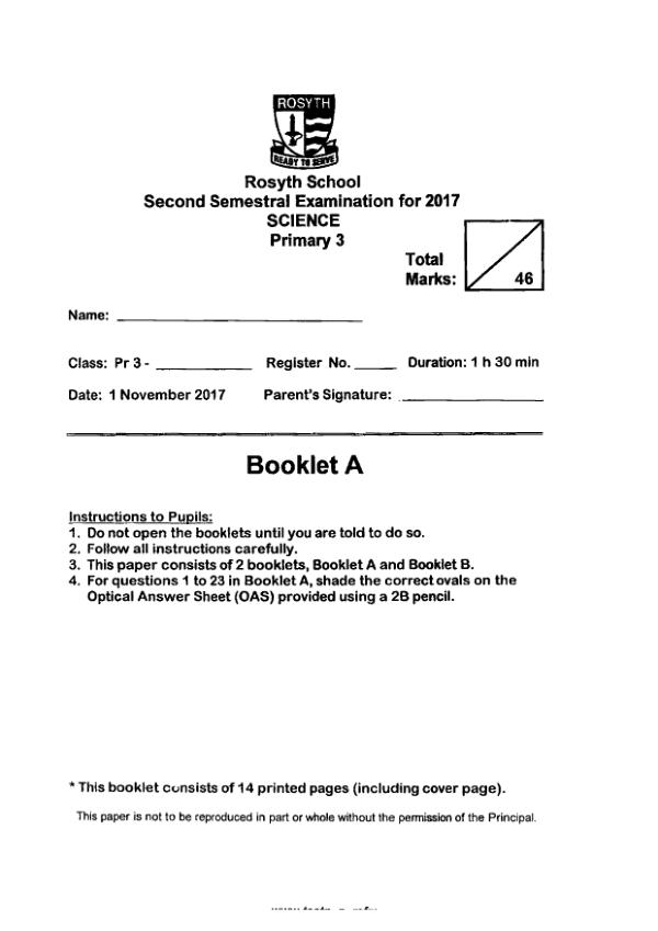 Rosyth P3 Sci SA2 2017 exam paper PDF preview