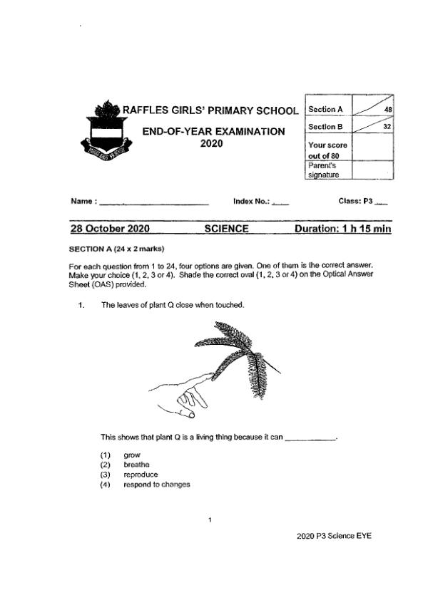 Raffles Girls P3 Sci SA2 2020 exam paper PDF preview