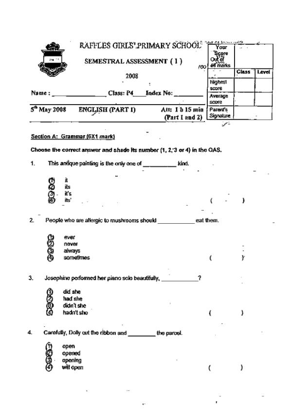 Raffles Girls P4 Eng WA2 2008 exam paper PDF first page preview