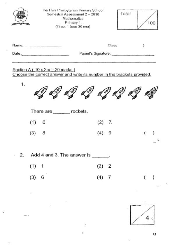 Pei Hwa P1 Math SA2 2010 exam paper PDF preview