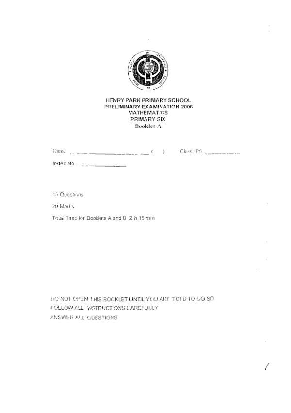 Henry Park P6 Math SA2 2006 exam paper PDF preview
