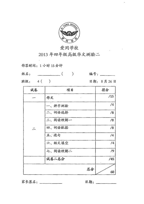 Ai Tong P4 Chi WA3 2013 exam paper PDF first page preview