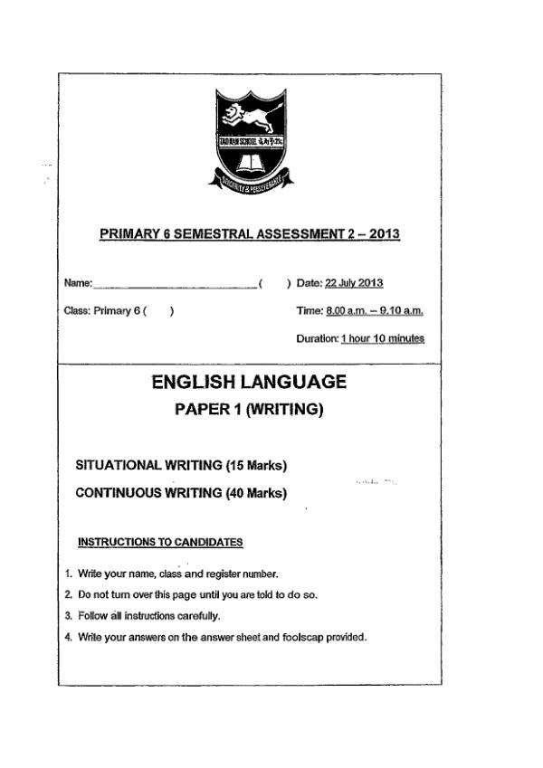 Tao Nan P6 Eng SA2 2013 exam paper PDF first page preview