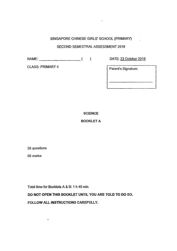 Singapore Chinese Girls P4 Sci SA2 2018 exam paper PDF preview