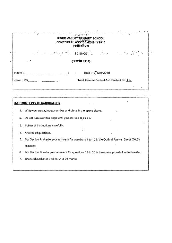 River Valley P3 Sci WA2 2015 exam paper PDF first page preview