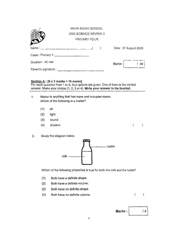 First page preview of P4 Sci 2025 WA2 — Maha Bodhi