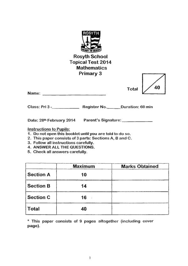 Rosyth P3 Math WA1 2014 exam paper PDF preview