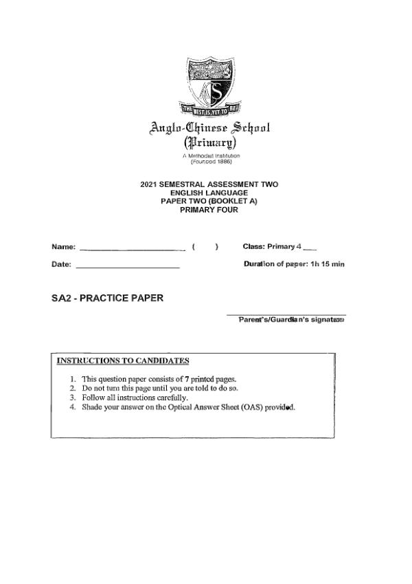 Anglo Chinese P4 Eng SA2 2021 exam paper PDF first page preview