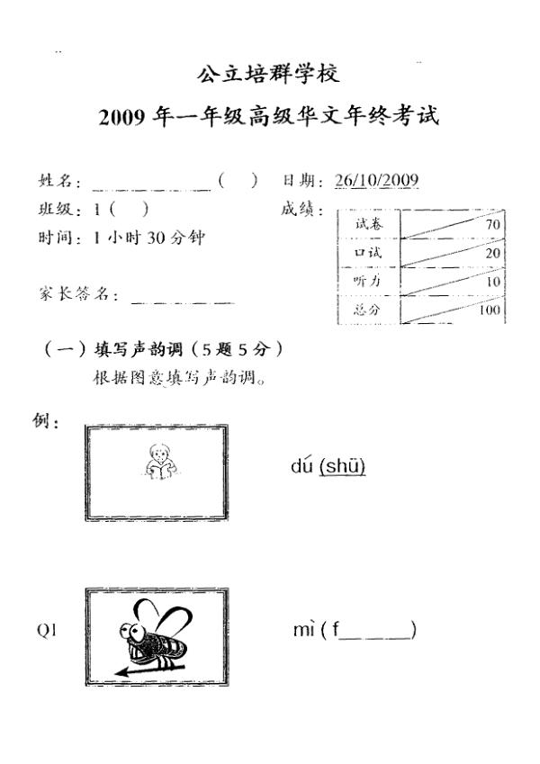 Pei Chun P1 Chi SA2 2009 exam paper PDF first page preview