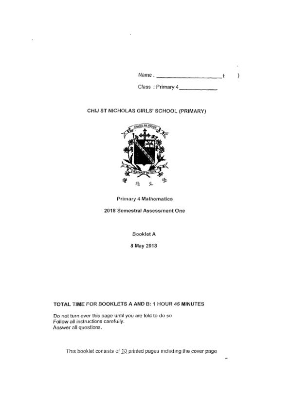 First page preview of P4 Math 2018 WA2 — CHIJ