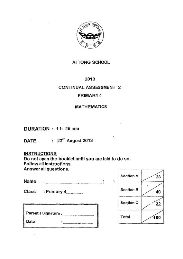 Ai Tong P4 Math WA3 2013 exam paper PDF preview