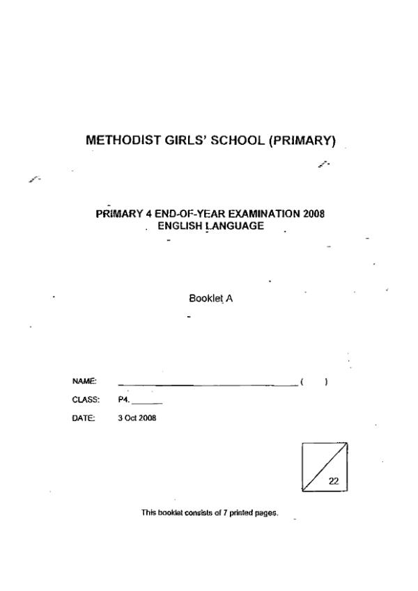 Methodist Girls P4 Eng SA2 2008 exam paper PDF preview