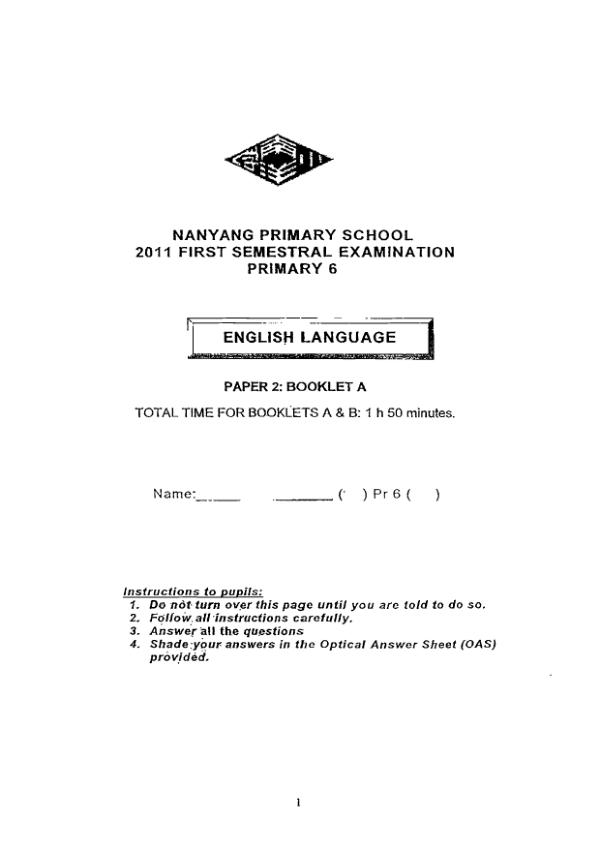 Nanyang P6 Eng WA2 2011 exam paper PDF first page preview