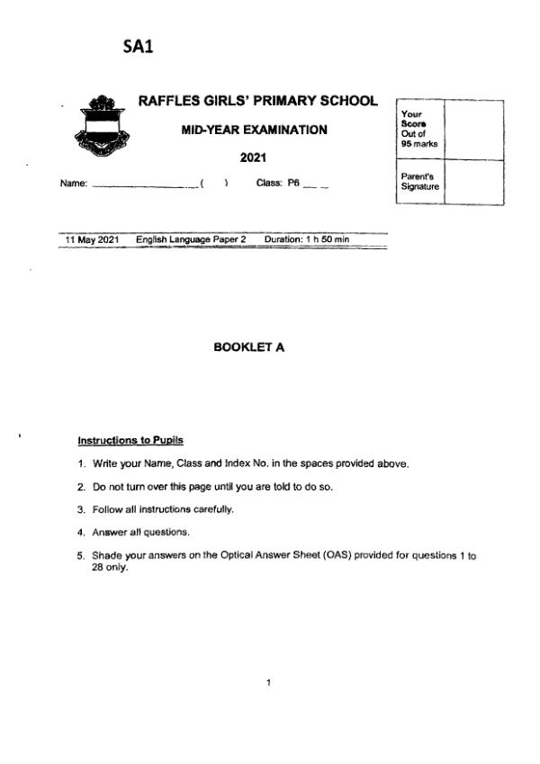 Raffles Girls P6 Eng WA2 2021 exam paper PDF first page preview