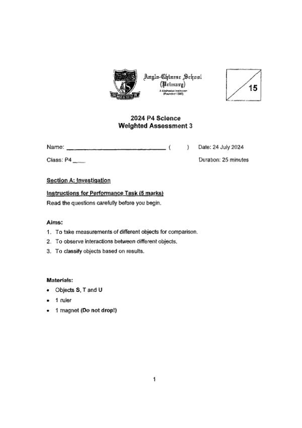 First page preview of P4 Sci 2024 WA3 — Anglo Chinese