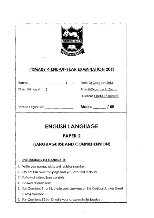 Tao Nan P4 Eng SA2 2013 exam paper PDF first page preview