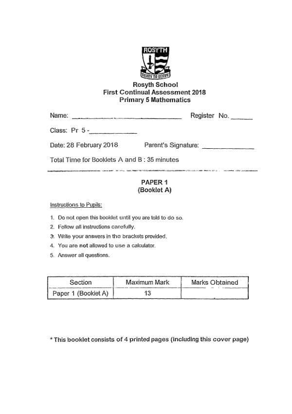 First page preview of P5 Math 2018 WA1 — Rosyth