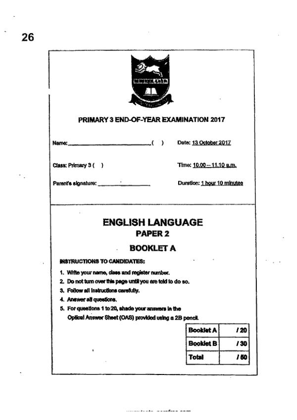 Tao Nan P3 Eng SA2 2017 exam paper PDF first page preview