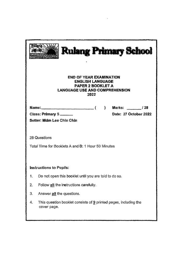 Rulang P5 Eng SA2 2022 exam paper PDF first page preview