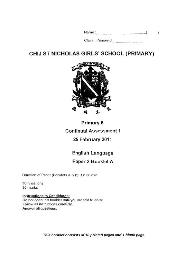 CHIJ P6 Eng WA1 2011 exam paper PDF preview