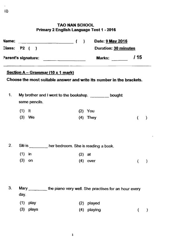 Tao Nan P2 Eng WA2 2016 exam paper PDF first page preview