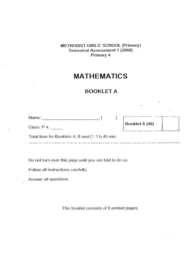 Methodist Girls P4 Math WA2 2008 exam paper PDF preview