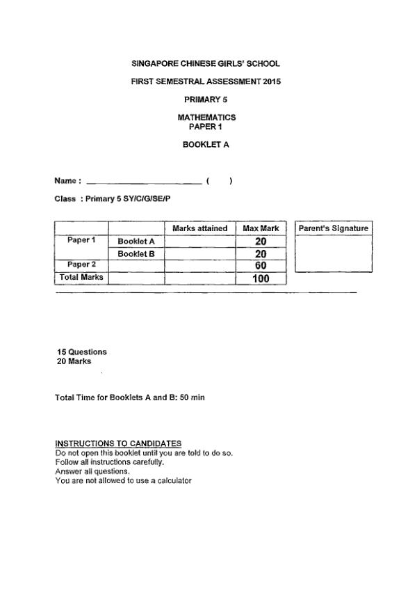 First page preview of P5 Math 2015 WA2 — Singapore Chinese Girls