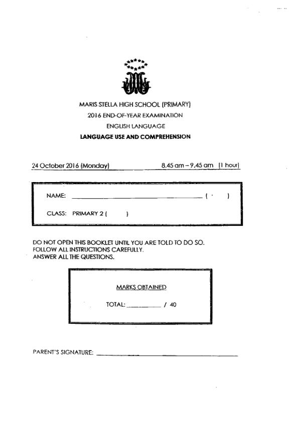 Maris Stella High P2 Eng SA2 2016 exam paper PDF first page preview