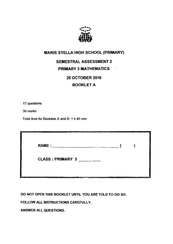 First page preview of P3 Math 2016 SA2 — Maris Stella High