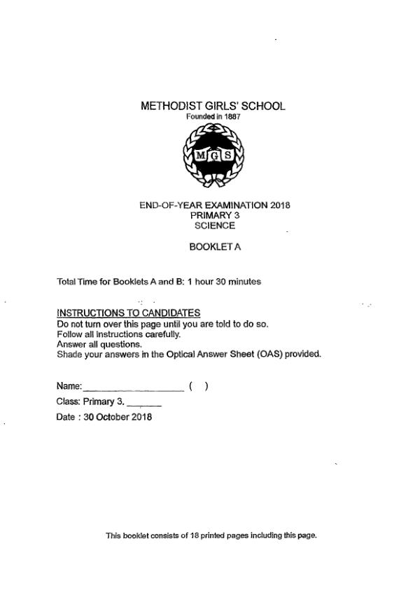 Methodist Girls P3 Sci SA2 2018 exam paper PDF first page preview