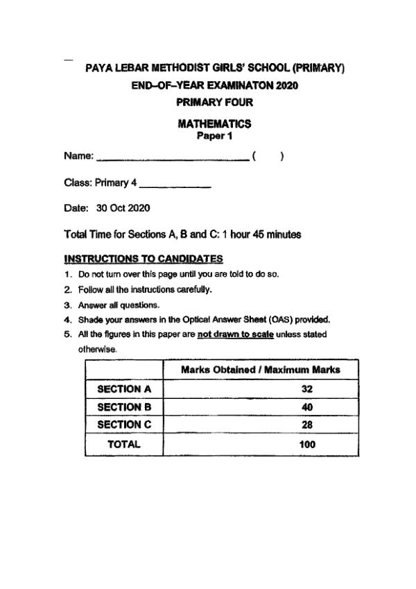 First page preview of P4 Math 2020 SA2 — Methodist Girls