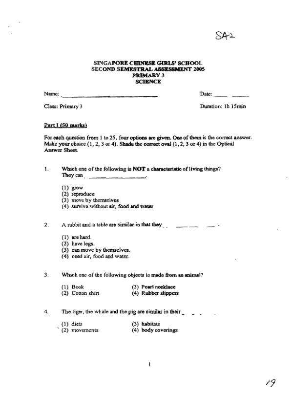 Singapore Chinese Girls P3 Sci SA2 2005 exam paper PDF preview
