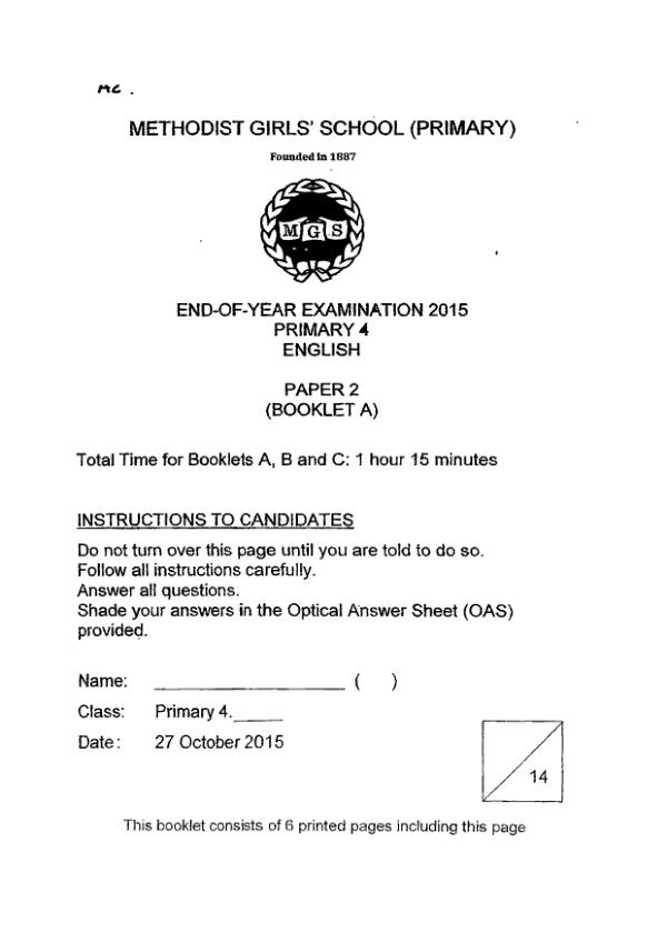 Methodist Girls P4 Eng SA2 2015 exam paper PDF first page preview