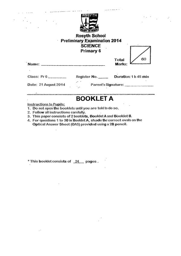 Rosyth P6 Sci SA2 2014 exam paper PDF preview
