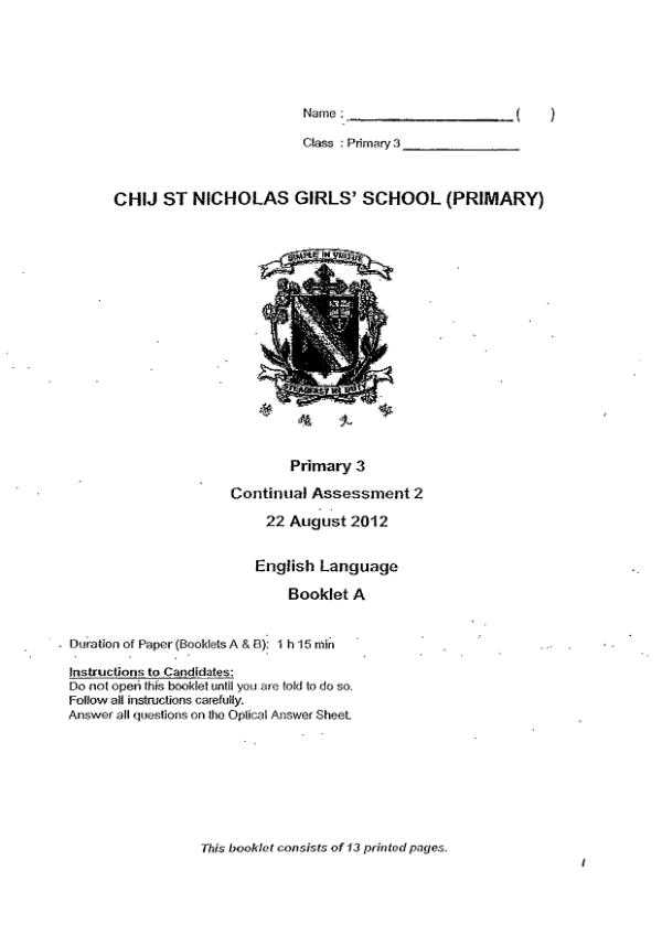 CHIJ P3 Eng WA3 2012 exam paper PDF first page preview
