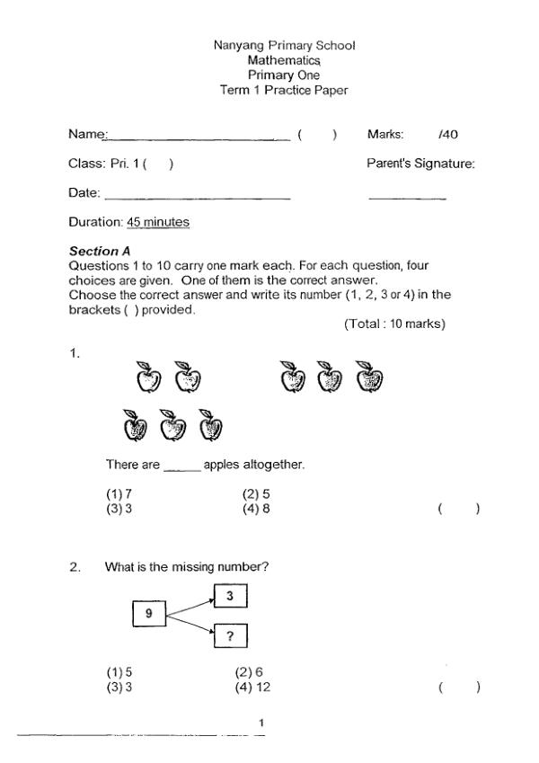 Nanyang P1 Math WA1 2013 exam paper PDF first page preview